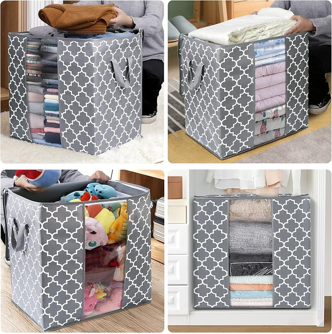 WISELIFE Storage Bags [3 Pack/100L] Large Blanket Clothes Organization and Storage Containers for Comforters,Bedding, Foldable Organizer with Reinforced Handle, Clear Window, Sturdy Zippers,Light Gray