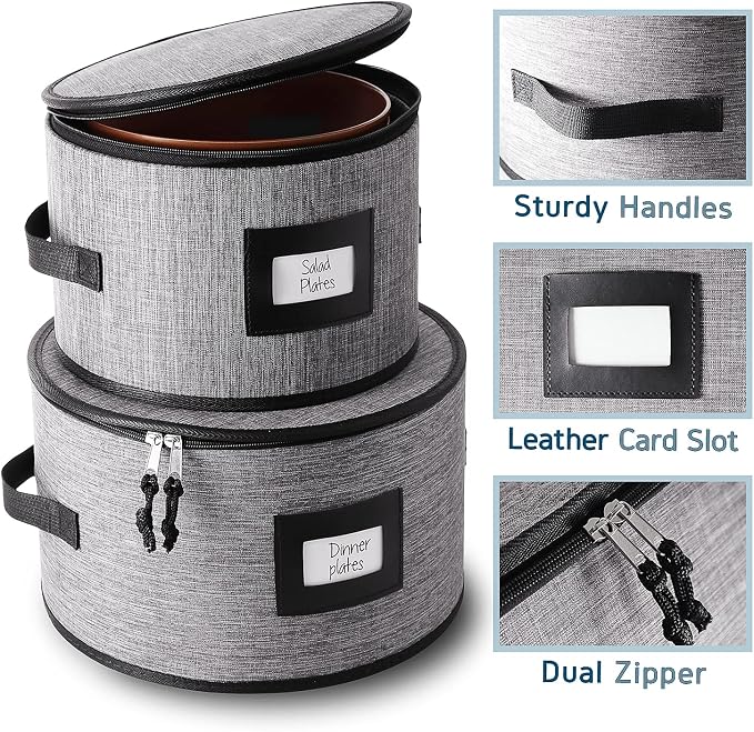 Fine China Storage Containers Hard Shell, 4 Piece Dish Storage Containers, Quilted Plate Storage Containers, Stackable Dish Organizer with Dividers, Dinnerware Storage for Moving and Seasonal Storage