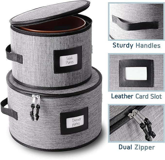 Fine China Hard Shell Dish & Utensil Storage Containers - 6 Piece Stackable Plate Storage with Dividers for Moving & Seasonal Use
