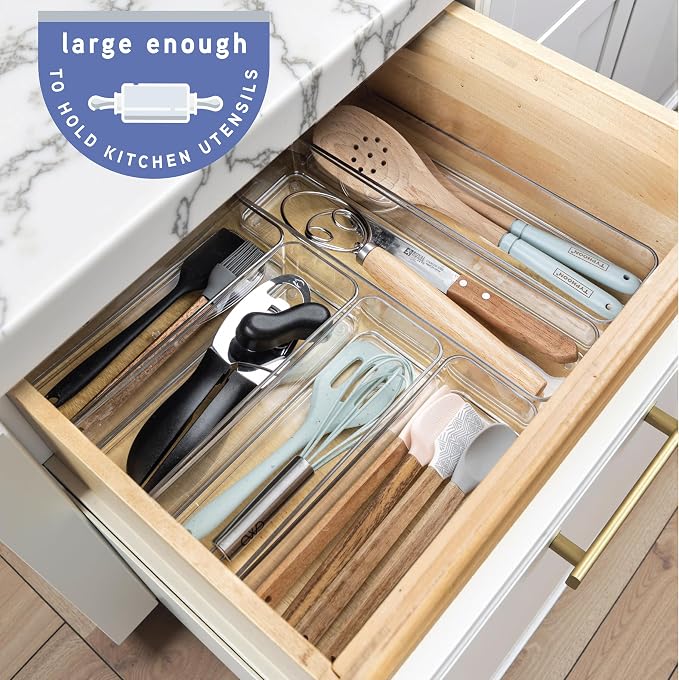 primebox Six Pcs. Plastic Clear Drawer Organizers. Stackable Storage Trays for Kitchen Utensils and Silverware. 2 Sizes. Stackable