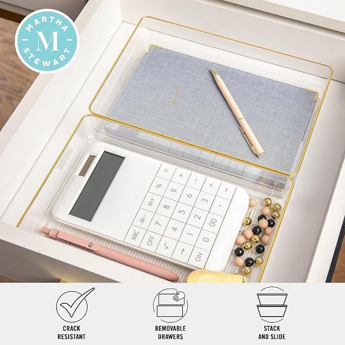 Martha Stewart Kerry Plastic Stackable Office Desk Drawer Organizers, 9" x 6", 3 Pack, with Gold Trim