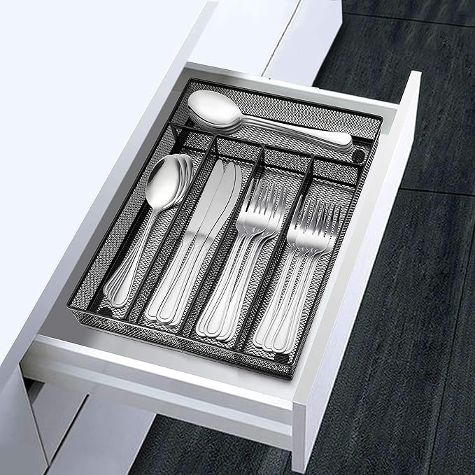 LIANYU Silverware Utensil Drawer Organizer, 5 Compartments Steel Mesh Cutlery Flatware Tray with Foam Feet, 9 1/4" W x 12 1/2" L x 2" H, Black