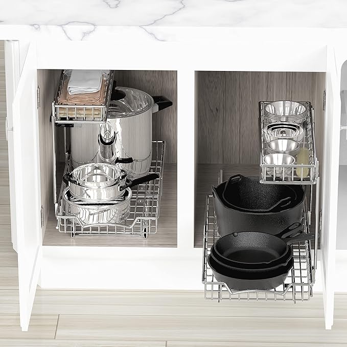 Simple Houseware 2-Tier (L+M) Organizer Pull Out Under Cabinet Sliding Shelf, Chrome