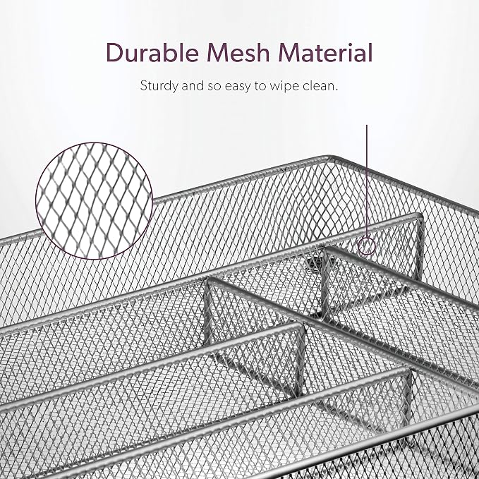 Mindspace Cutlery Organizer Silverware Tray with 6 Compartments | Kitchen Utensil Drawer Organizer | Silverware Tray for Drawer | The Mesh Collection, Silver
