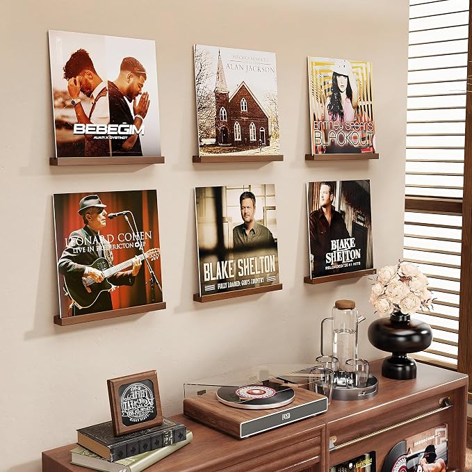 Emfogo Vinyl Record Shelf Wall Mount, 6 Pack Album Record Holder Wall, 12 inch Vinyl Record Storage Shelves Wall, Wood Record Display for Living Room (Walnut)