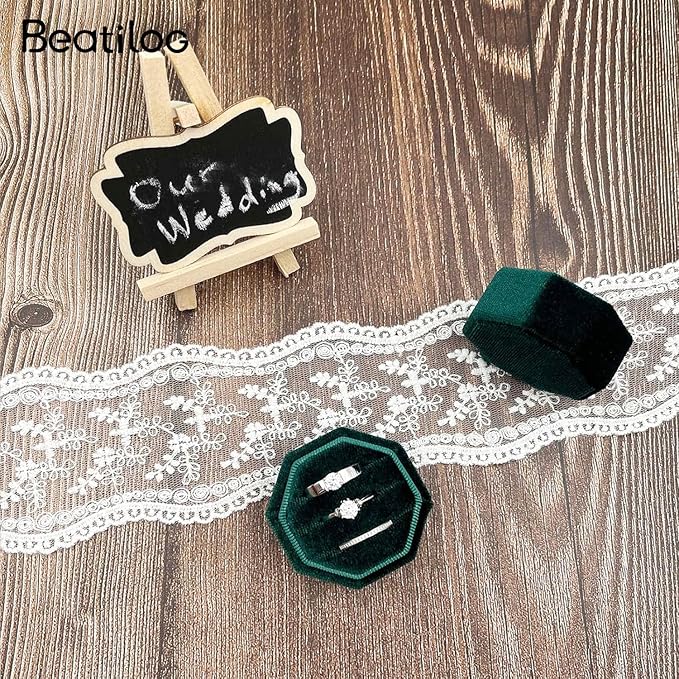 Velvet Ring Box 3 Slots Wedding Day - Octagonal Premium Rings Holder Handmade Ring Bearer Jewelry Storage Organizer for Wedding Ceremony, Christmas, Photography Prop (Emerald)