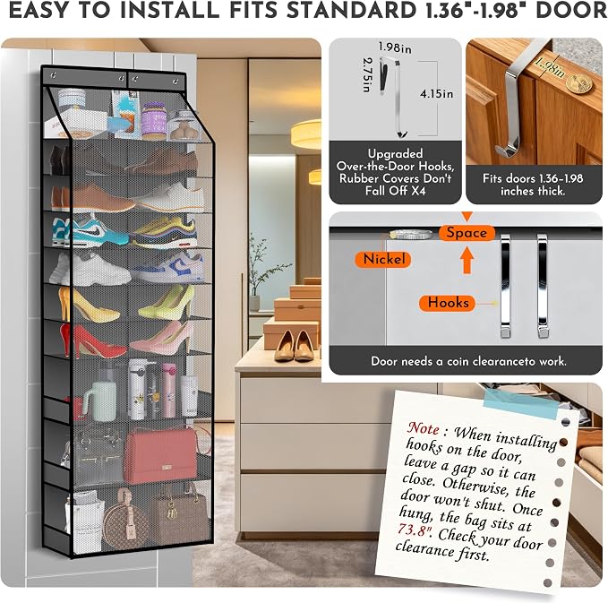 PAULONE Over the Door Organizer Heavy Duty – 96 Lbs Capacity 20 Pair Shoe Rack with Multi-Size Pockets Fits Tall Boots up to 11.8", Breathable Mesh, Metal Hooks – Also for Bags, Toys, Toiletries