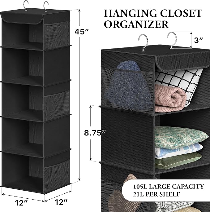 Simple Houseware 5 Shelf Hanging Closet Organizer, Black