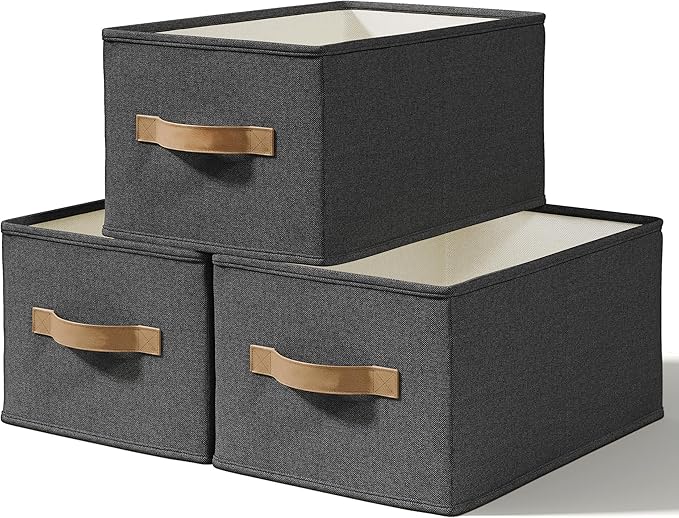 LayerSpace 3 Pack Fabric Storage Bins for Shelves | 11.5x8.75x6.5in Storage Baskets | Fabric Closet Organizers and Storage Bins with Handles Home Organization| Linen Clothes Bins | Black