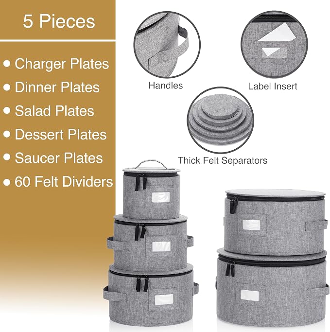 Stack Store Plus More 5PC China Storage Cases for Dinnerware - 13"-12"-10"-8.5" and 7" wide - 60 Plate Separators Included