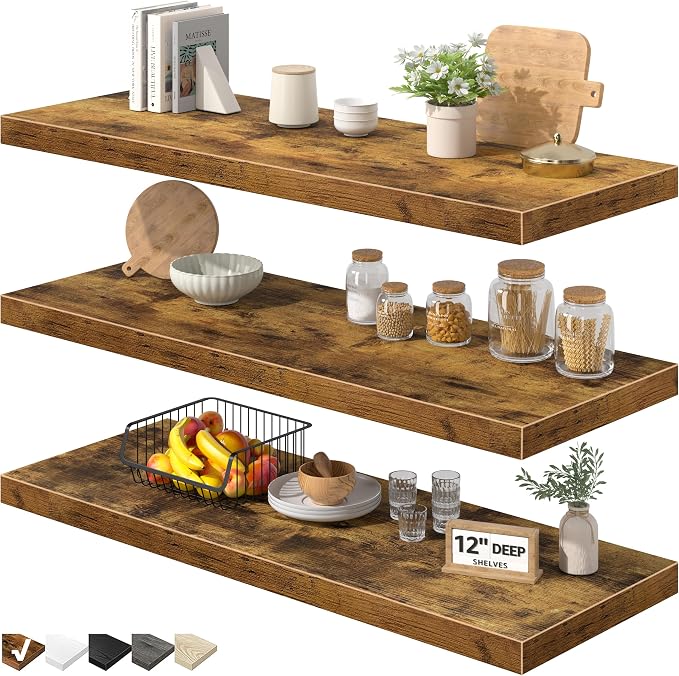 QEEIG 12" Deep Floating Shelves for Wall - 12 x 36 inch Book Shelf Bathroom Bedroom Kitchen Living Room Hanging Bookshelf Farmhouse Set of 3, Brown (026-90BN3)