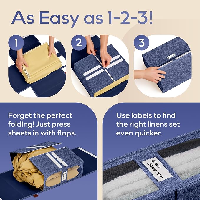 4x Bed Sheet Organizer Storage Boxes with Big See-Through Windows - Bedsheet Organizers Redesigned. Robust Bed Sheet Storage -15x13x5 Inches Sheet Organizers Containers (Denim)