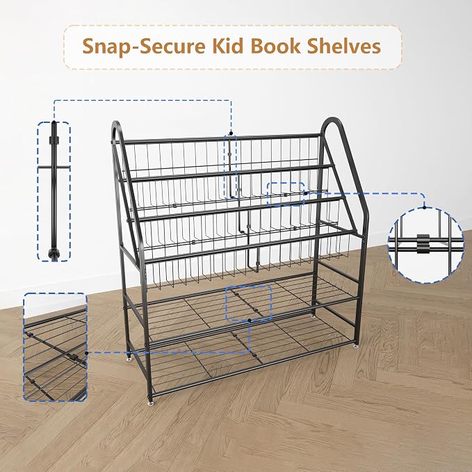 Metal Kids Bookshelf 5-Tier, Space Saving Book Storage with Toy Organizer, Durable Children Bookcase for Playroom Nursery Bedroom, Rust-Resistant Steel Frame, Montessori Classroom Shelf (Dark Black)