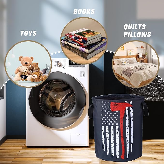 American Flag Red Line Ax Laundry Basket Firemen Foldable Oxford Cloth Funny Tote Bag Laundry Hamper Clothes Storage Bucket Organizer For Bathroom/Laundry Storage /Bedroom18.9x16.5 Inch
