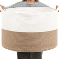 Foldable Laundry Hamper Basket with Collapsible Handle Cotton Rope Soft Woven Fabric Storage Organizer Clothes Toys Nursery Bedroom Dorm Space Saving Bin (White & Brown, 65L(19.7"D x 12.6"H))