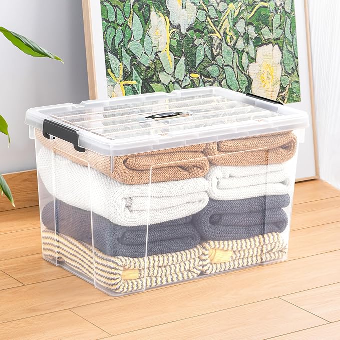 Cetomo Lidded Storage Bin with Handle, Tote Organizing Container with Wheels, Lid and Secure Latching Buckles, Stackable and Nestable, Plastic, 95 Quart-3 Pack, Clear