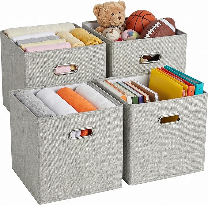 12x12 White Sand Fabric Storage Cubes, 4 Pack – Foldable Linen-Look Cube Organizer Bins with Handles, Collapsible Cubby Baskets for Closet, Shelves, Nursery, Dorm Room & Cube Storage