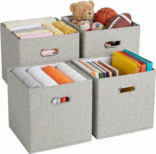 12x12 White Sand Fabric Storage Cubes, 4 Pack – Foldable Linen-Look Cube Organizer Bins with Handles, Collapsible Cubby Baskets for Closet, Shelves, Nursery, Dorm Room & Cube Storage
