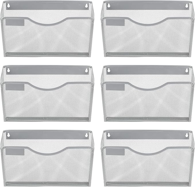 EasyPAG 6 Pack Wall File Organizer with Label Panel, Metal Mesh Hanging File Folder Holder for Letter/A4 Size Folders, Vertical Wall Mount Mail Sorter for Office Paperwork, Classroom, Silver