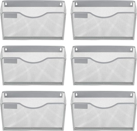 EasyPAG 6 Pack Wall File Organizer with Label Panel, Metal Mesh Hanging File Folder Holder for Letter/A4 Size Folders, Vertical Wall Mount Mail Sorter for Office Paperwork, Classroom, Silver