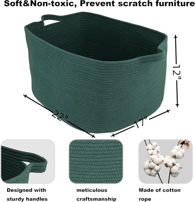 XUANGUO Large Rectangle Blankets Basket Living Room 22"x17"x12" Woven Cotton Rope Storage Basket for Nursery Toy Baskets for Kids and Dogs Wicker Laundry Baskets Bin for Clothes Towels dark green
