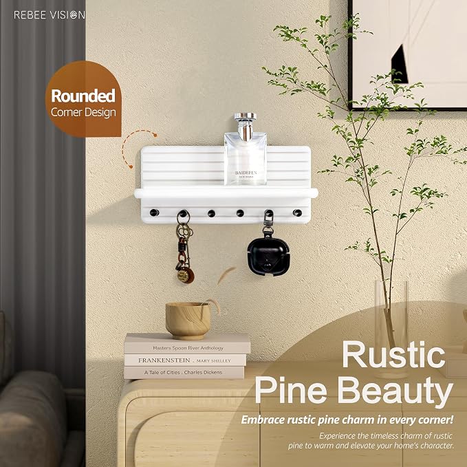 Rebee Vision Decorative Key Holder Wall Mount for Home Organization – 11-inch Pine Wooden Key Holder for Wall with 6 Hooks & Floating Shelf - Modern Farmhouse Home Decor (White)