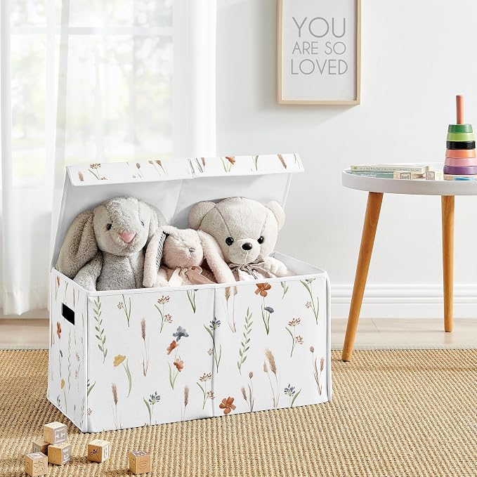 Sweet Jojo Designs Boho Floral Garden Flower Girl Collapsible Toy Storage Box Chest Organizer with Lid Baby Nursery Kid Children Room Watercolor Bohemian Farmhouse Wildflower Vintage Shabby Chic Green
