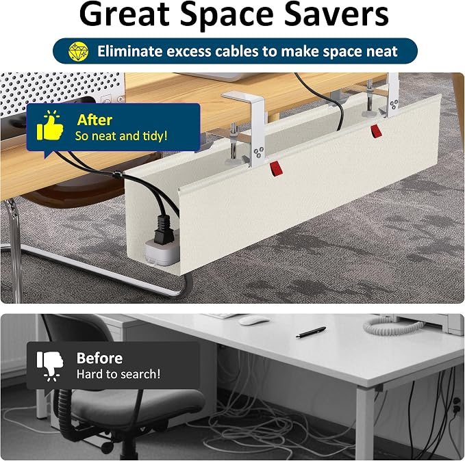 28" Small Under Desk Cable Management Tray No Drill, Compact Clamp On Cord Organizer for Dorm & Small Desk, Anti-Sag Oxford Fabric Wire Hider, Power Strip Holder (Beige, 28.6")