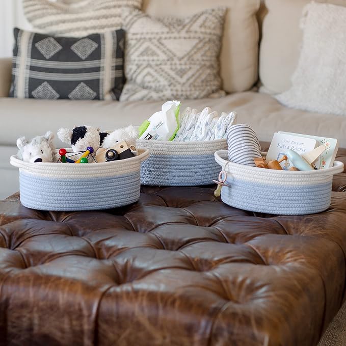 NaturalCozy 3-Piece Oval Storage Basket Set– Cotton Rope Woven Baskets for Storage, Gift Basket Empty, Toy Basket, Soft Baby Basket for Nursery, Cat Dog Toy Baskets, Small Basket (Off White & Blue)