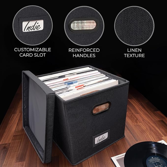 ZICOTO Decorative Vinyl Record Storage Box for 50+ Single Records - Sturdy and Easy to Carry LP Holder with Lid - The Perfect Storage Crate for Your Valuable Album Collection