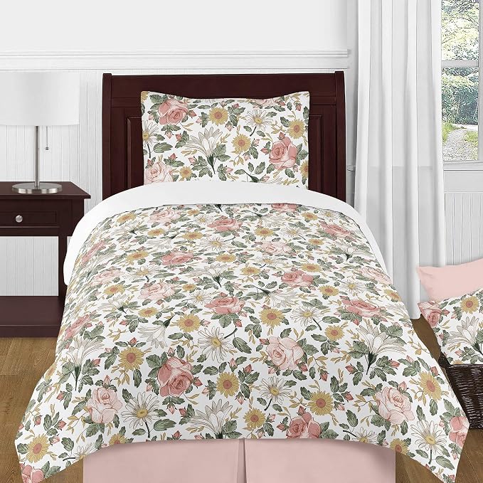 Sweet Jojo Designs Vintage Floral Boho Girl Small Fabric Toy Bin Storage Box Chest for Baby Nursery or Kids Room - Blush Pink, Yellow and Green Shabby Chic Rose Flower Farmhouse