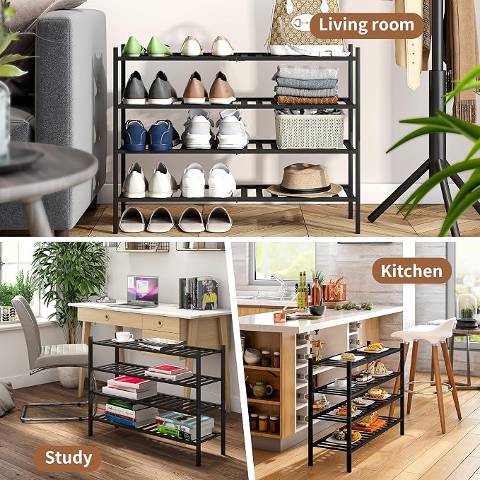 Bamboo Shoe Rack Stackable Shoe Shelf Storage Organizer for Unit Entryway Hallway and Closet Sturdy Freestanding Shoe Shelf (4L Tier Black)