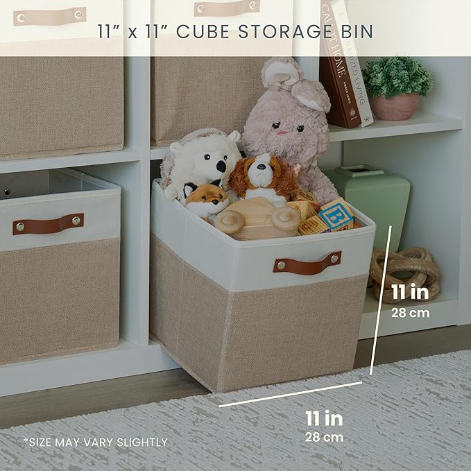 OrganiHaus 11x11 Cube Storage Bins, Set of 4 - Fabric Storage Cubes | Sturdy, holds its shape; odor-free; fits ClosetMaid 11-inch shelves; vegan leather handles