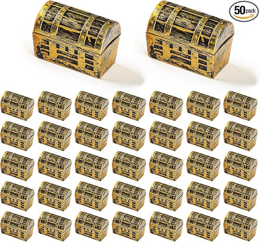 50Pcs Mini pirate treasure chest 1.42 x 0.67 x 1.06Inch Plastic toy pirate chest with a Gold finish Vintage pirate small decorative box for Kids prizes Halloween Birthday Party Props