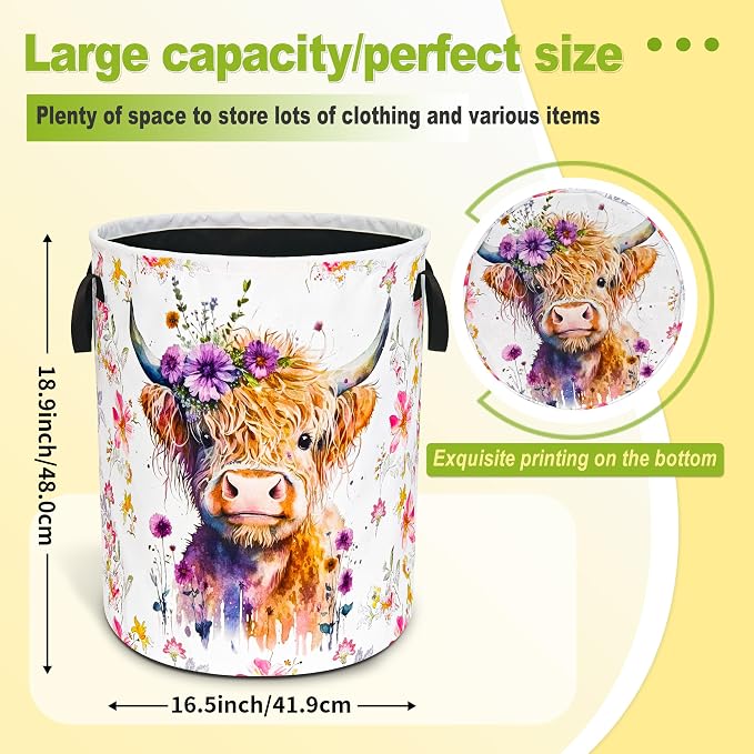 Highland Cow Laundry Basket Foldable Waterproof Oxford Cloth Funny Tote Bag Laundry Hamper Clothes Storage Bucket Organizer For Bathroom/Laundry Storage/Bedroom Storage Basket 18.9x16.5 Inch