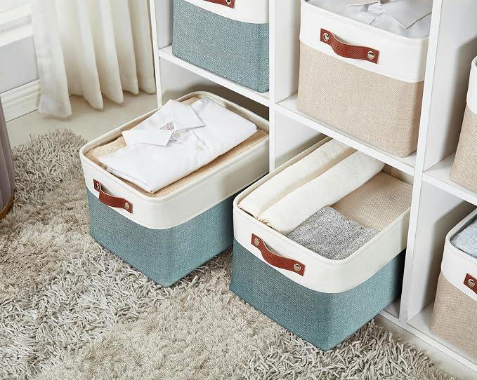 DECOMOMO Storage Bins, Extra Large Fabric Storage Baskets for Shelves, Decorative Linen Closet Organizer, 15.8 x 12.5 x 10 inches (Green & White, 3 Pack)