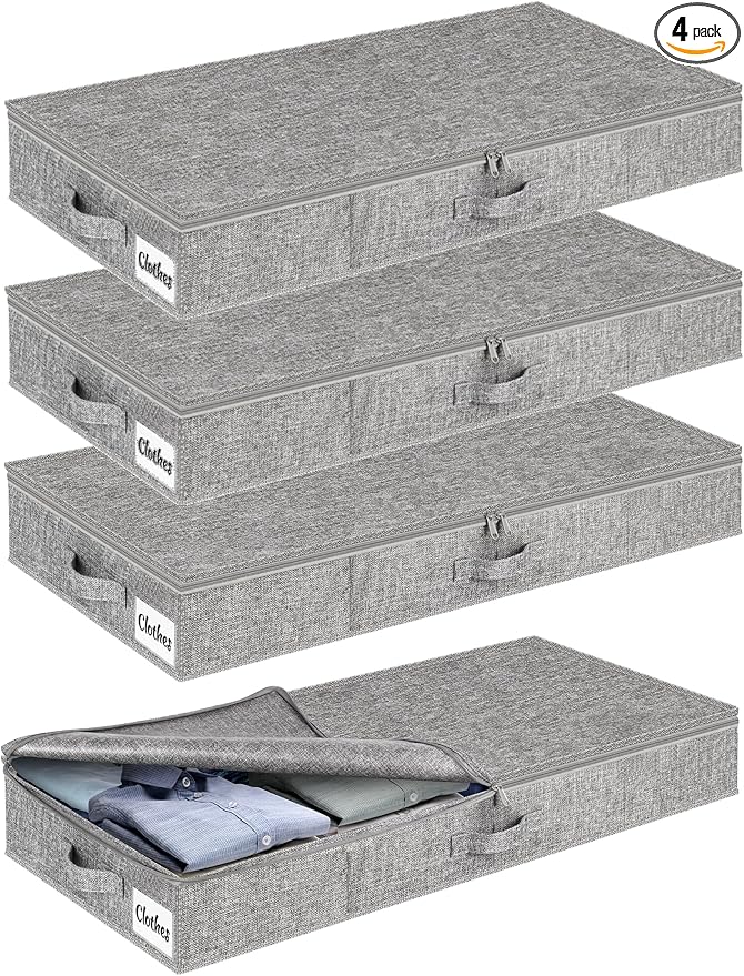 Under Bed Storage Container Bins 4 Pack, 4 Inch Thin Low Profile Underbed Clothes Storage Organizer for Dorm & Home, Use for Blanket and Toy Storage Box W/ Sturdy Bottom/Sides, Foldable Thick Fabric