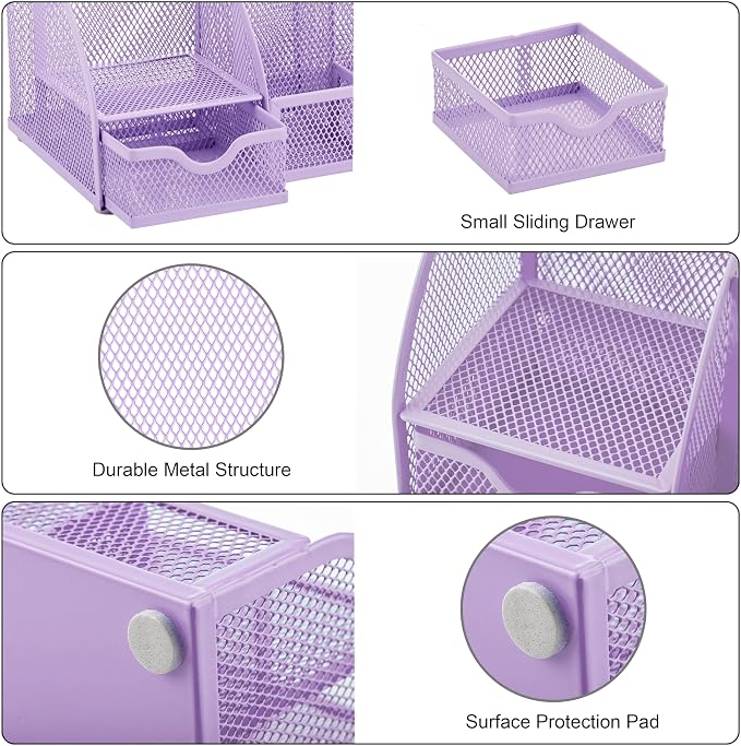 Exerz Desk Organizer Light Purple Office Desk Accessories Supplies Office Storage Desktop Pencil Pen Holder with Drawer Home Workspace