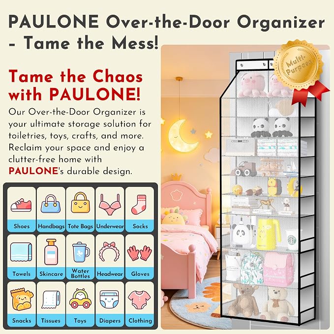 PAULONE Over the Door Organizer Heavy Duty – 96 Lbs Capacity 20 Pair Shoe Rack with Multi-Size Pockets Fits Tall Boots up to 11.8", Breathable Mesh, Metal Hooks – Also for Bags, Toys, Toiletries