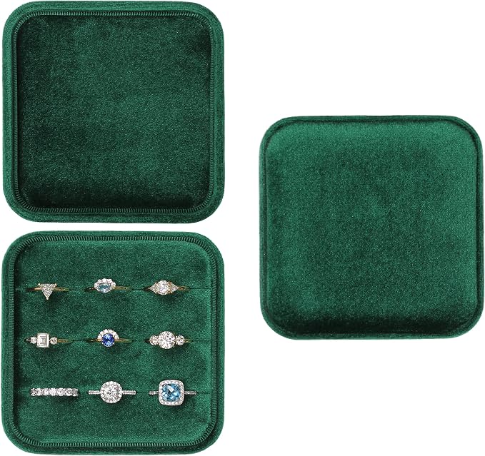Velvet Jewelry Box Organizer | Ring Holder Case | Jewelry Small Travel Jewelry Storage | Portable Ring Earring Tray Organizer (Dark Emerald)