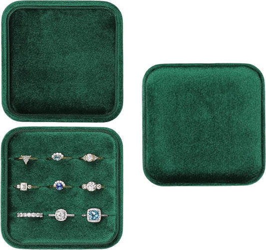 Velvet Jewelry Box Organizer | Ring Holder Case | Jewelry Small Travel Jewelry Storage | Portable Ring Earring Tray Organizer (Dark Emerald)