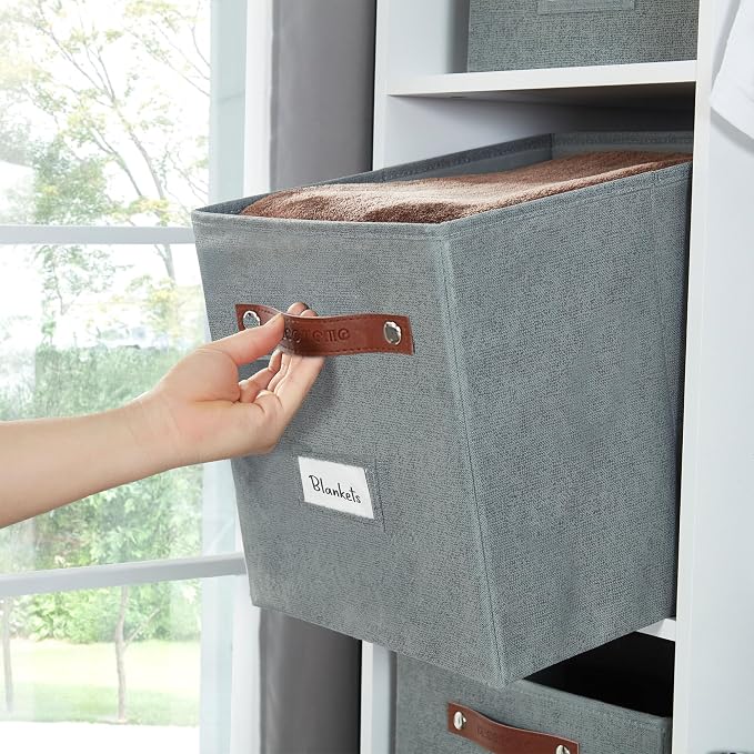 DECOMOMO Storage Bins, Cube Storage Bin with Labels | 10.5" x 11" Fabric Storage Cubes for Shelves (6pcs, Texture Grey)