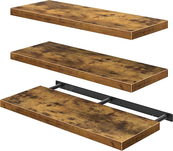 QEEIG 12" Deep Floating Shelves for Wall - 12 x 36 inch Book Shelf Bathroom Bedroom Kitchen Living Room Hanging Bookshelf Farmhouse Set of 3, Brown (026-90BN3)