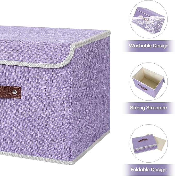 ANMINY 4PCS Storage Bin with Lid Storage Boxes with PU Leather Handles PP Plastic Board Decorative Foldable Lidded Cotton Linen Fabric Home Cubes Baskets Closet Organizer Container - Purple, Medium