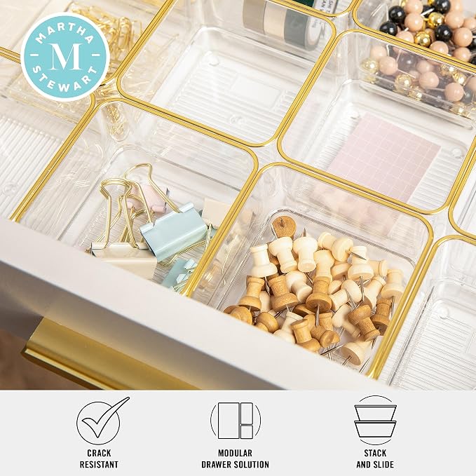 Martha Stewart Kerry Plastic Stackable Office Desk Drawer Organizers, 3" x 3", 12 Pack, with Gold Trim