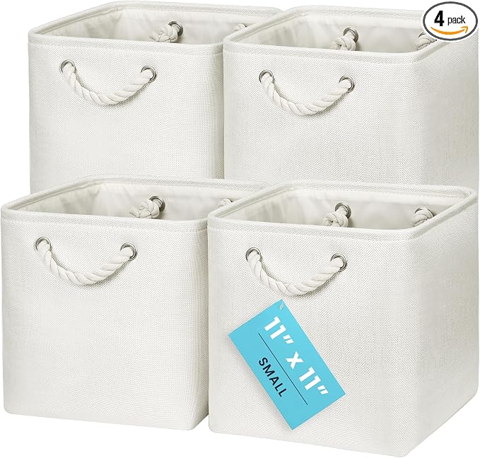 OrganiHaus 11x11 Cube Storage Bins 4 Pack, Foldable Cube Storage Organizer w/ Rope Handles, Collapsible Fabric Bins for Toys, Clothes & Closet Organization, Fabric Square Baskets - Off-White