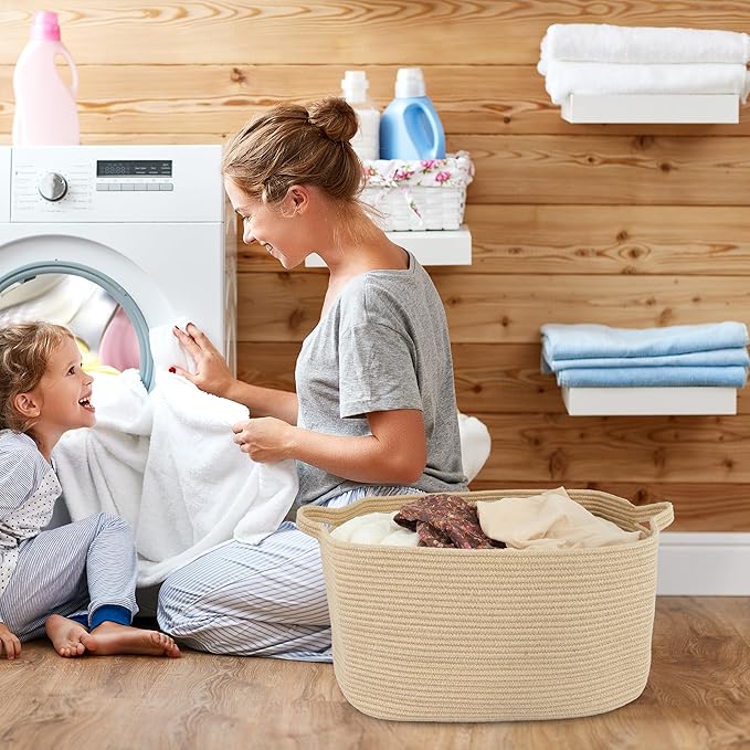 XUANGUO Large Rectangle Blankets Basket Living Room 22"x17"x12" Woven Jute Rope Storage Baskets for Nursery Toy Baskets for Kids and Dogs Wicker Laundry Basket Bin for Clothes Towels