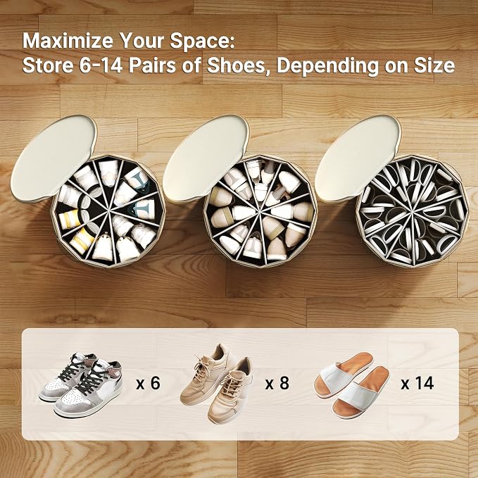 Vailando Shoe Organizer for Closet - Cylindrical Shoe Storage Organizer with Adjustable Dividers for Closet, Foldable Shoe Storage Box, Beige, 2-Pack, Large