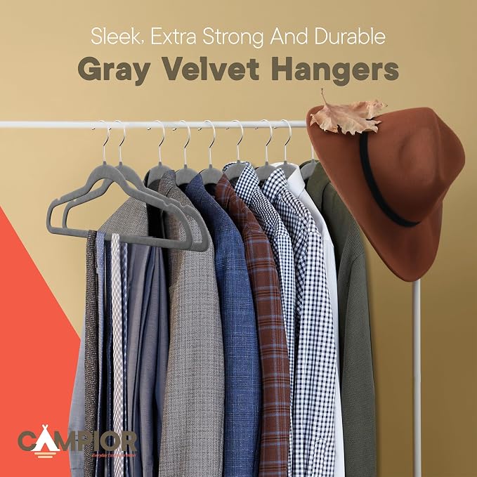 Gray Velvet Hangers 60 Pack – 360° Swivel Hook, Non-Slip and Space Saving Hangers, Heavy-Duty 11 lbs Weight Capacity - Smooth Velvet Finish for Crease-Free Clothes and Effortless Closet Organization