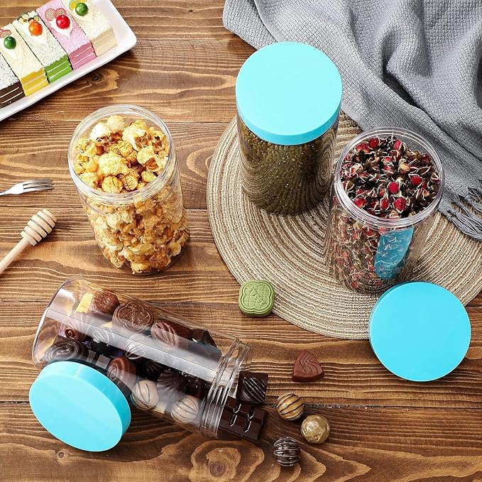SATINIOR 12 Pack 32 oz Plastic Container Jars with Lids Round Clear Travel Cosmetic Container Slime Jars for Toiletries, Lotion, Cream, Ointments, Makeup, Rhinestone, Samples, Kitchen Storage(Blue)